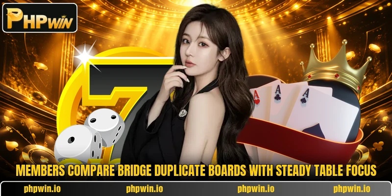 Members compare bridge duplicate boards with steady table focus
