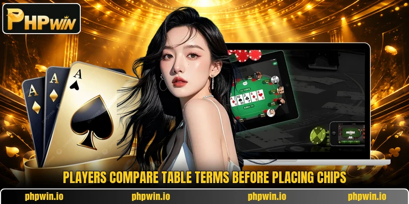 Players compare table terms before placing chips Players compare table terms before placing chips